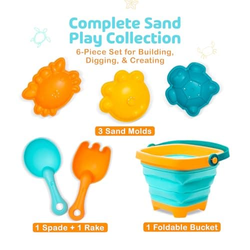 Hobee 6 Piece Foldable Beach Bucket Set for Kids - Ultimate Seaside Fun with Collapsible Bucket, Spade, Rake, and 3 Sand Moulds — view 3