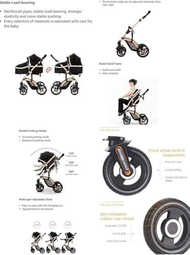 Baby Buggy, Baby Pram, Pushchair, 3 in 1 Travel System, Foldable Stroller, Lightweight Folding All in One Stroller, Portable Baby Carriage for Newborns and Toddlers, Aluminium Frame, Black - Rose Gold — view 4