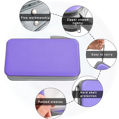 Sylvil Car CD DVD Case, 96 Capacity Hard Plastic CD Holder, Portable Zipper DVD Disc Organizer Storage Wallet with Closure and Handy Strap, Car Accessories for Home Office Travel (Light Purple) — view 3
