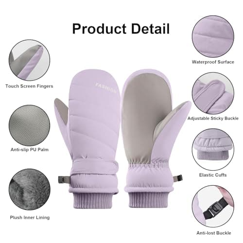 Bototack Winter Ski Mittens for Women, Waterproof Touch Screen Snow Gloves with Fleece, Anti Slip Warm Windproof Snowboard Gloves for Skiing Hiking Cycling (Purple) — view 3