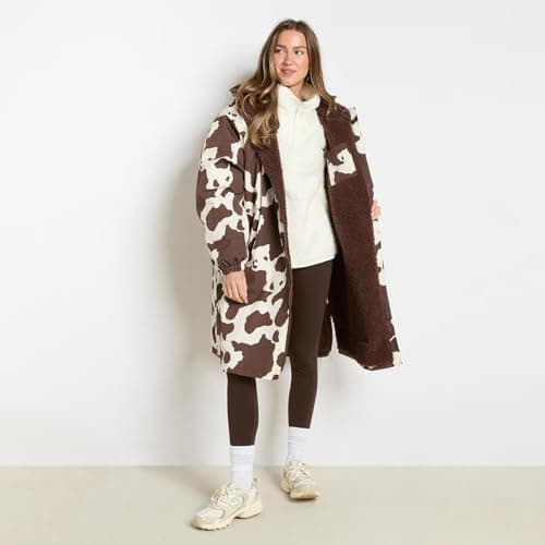 OHS Women's Jackets Changing Robe, Cow Print Oversized Waterproof Jacket Fleece Lining Rain Coats for Women with Hood & Pockets Drying Robe Ladies Jackets for Outdoor Travel, Brown/Cream - S/M — view 4
