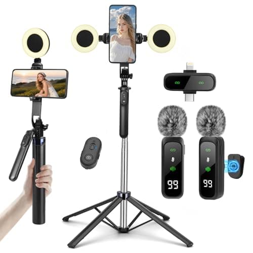 Vlogging Kit for iPhone/Android,180CM Selfie Stick Tripod for Smartphone with 2 Lights and 2 Microphone,Content Creator Starter Kit