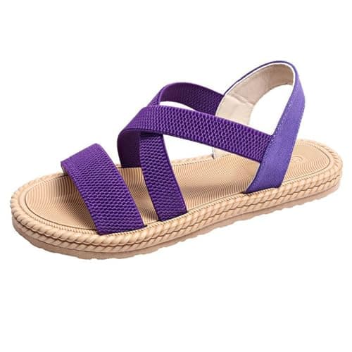 Summer Flats Women's Sandals Wide Fit Walking Plus Size Open Toe Wedges Ankle Strap Flat Boho Shoes Purple