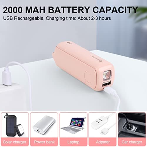 LYMYBETY Portable Handheld Fan, USB Rechargeable Mini Hand Held Travel Fans, Folding Pocket Fan 3 Speeds, 24 Working Hours, Small Personal Desk Fan Flashlight Home Travel Outdoor Use, Pink — view 5