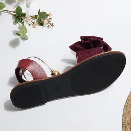 Women's Bow Flat Sandals, Open Toe Slip-On Ankle Strap Summer Dressy Shoes for Party, Wedding, Beach (burgundy,6) — view 5