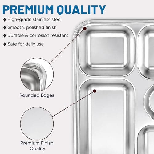 BMLIMITED BML Stainless Steel 5 Compartment Meal Tray Reusable Divided Plate with Sauce Section Portion Control Food Serving Tray for Adults Kids School Lunch Camping Picnic and Home Use — view 2