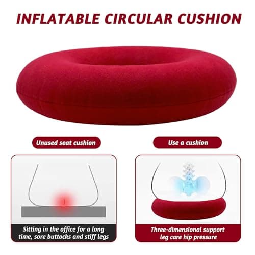 Griwuut Inflatable Donut Cushion 40cm with Hand Pump, Soft Ring Seat Pad for Pressure Relief While Sitting or Lying, Travel Air Pillow for Chair, Car, Home or Neck Support (Red) — view 3