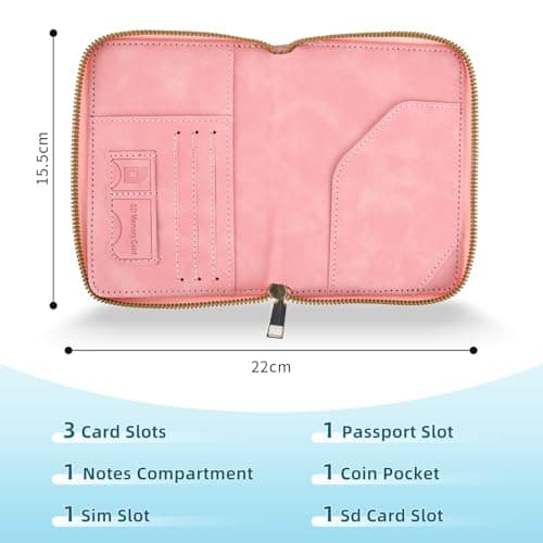 Zidoley Passport Holder Travel Wallet RFID Blocking, PU Leather Travel Document Organiser with Zipped Closure & Wrist Strap, Document Organiser, Holiday Travel Essentials for Men & Women (Pink) — view 3