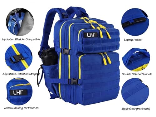 LHI Military Tactical Backpack for Men and Women 45L Large waterproof Rucksack for School, Hiking, Trekking, Hunting - Blue with yellow zipper — view 6