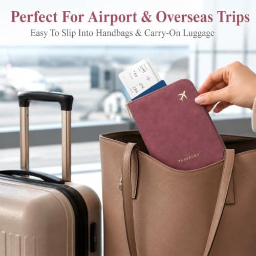 RFID Blocking Zip Passport Holder, Suede Faux Leather Travel Wallet, Anti Theft Multi Slot Passport Cover with Card Cash Ticket Slots, Plane Embossed Travel for International Trips, Dusty Rose Pink — view 5