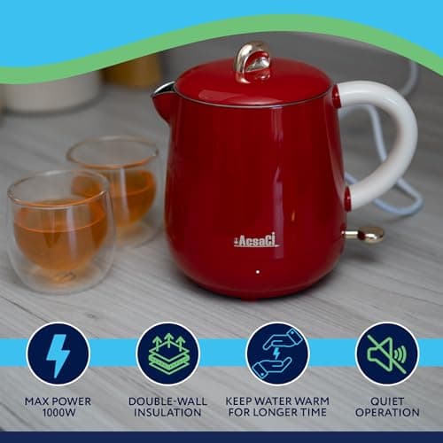 AddAcsaCi Electric Double Wall Red Kettle 600ml | Lightweight Small Electric Kettle, Cool Touch Exterior, Stainless Steel Interior, STRIX Thermostat, 1000W Quiet Boil Travel Kettle for Home/Students — view 2