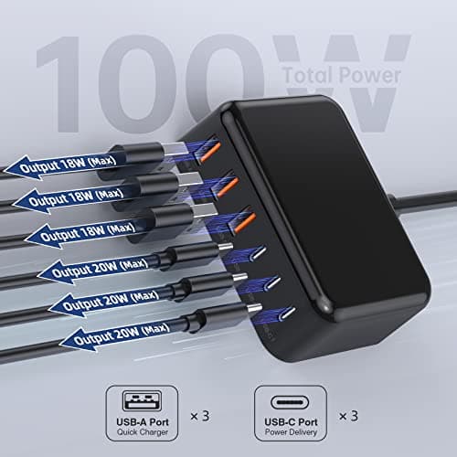USB C Charger, 100W Multi USB Desktop Charger, Type C 6-Port GaN USB C Fast Charger, Portable USB Travel Charging Station Compatible with iPad iPhone 16 15 14 13 12 Pro Max Pixel Note Galaxy 5ft Cord — view 2