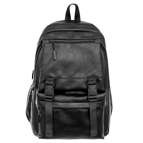 Fuaihui Black Leather Rucksack Men, PU Leather Laptop Backpack for Men, Water-Resistant 15.6 Inch Large Capacity Gothic Business School Travel Rucksack