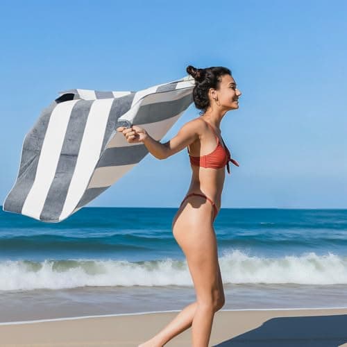 Ouxiaobai Cotton Oversized Beach Towel - 35 x 70 Inch Large Size Pool Towel, Striped Soft Cabana Swim Towel (Grey) — view 2