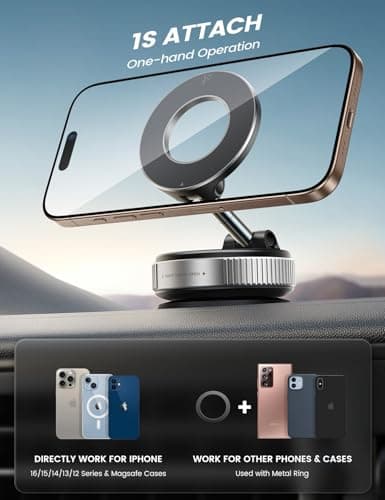 Lamicall Vacuum Magnetic Car Phone Holder, Upgraded Suction Cup Car Mount for Magsafe, 360° Rotatable for iPhone 17 16 15 13 Pro/Max/Plus/Air/Mini on Mirror, Smooth Surface, Windscreen - Silver — view 6