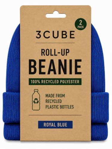 3CUBE Recycled Polyester Roll-Up Beanie Hats, Pack of 2, Unisex Winter Knitted Hats, Made from Recycled Plastic Bottles, One Size – Black, Navy and Royal Blue (Royal Blue) — view 3