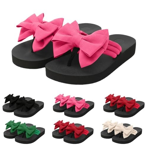 Flower Flip Flops Women Beach Slippers Size 8 Boho Open Toe Slip on Flat Sandals Summer Comfortable Yoga Mat Thong Sandals for Pool, Travel Vacation Slippers Bow Hot Pink Footwear Gift