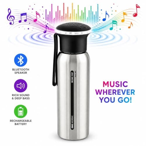 On the Go Hydration & Entertainment Silver 460ml Stainless Steel Water Bottle with Bluetooth Speaker. — view 3