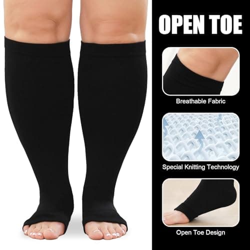 2 Pack Flight Socks for Women Large Calves, Plus Size Wide Calf Compression Socks, Toeless Open Toe Compression Socks for Women - For Support Flight Travel Pregnancy 20-30 mmhg 3XL (Black skin color) — view 2