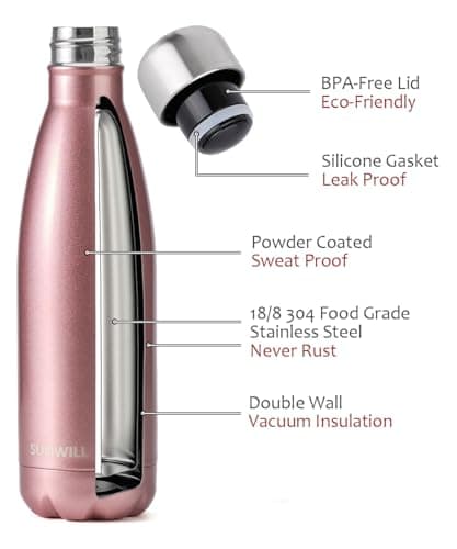 SUNWILL Metal Water Bottle Stainless Steel 500ml, Insulated Reusable Thermal Flask for Cold and Hot Drink, Travel, Sports, Gym, Rose Gold — view 2