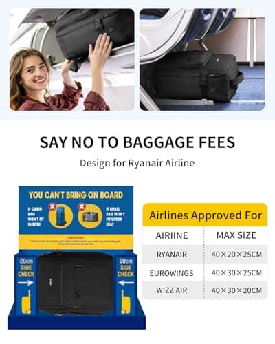 ECOHUB for Ryanair Cabin Bags 40x30x20, 24L Womens Travel Backpack Underseat Carry On Rucksack with Laptop Compartment, Recycled Water-resistant Hand Luggage Bag for Flight Overnight, Classic Black — view 2