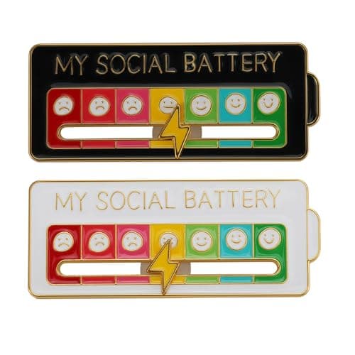 Tastetreasure 2 Pcs My Social Battery Pin Badge, Funny Sliding Mood Tracker Enamel Pins, Creative Introvert Gifts for Women Men, Interactive Lapel Pin for Backpacks, Clothing, Hats, Black & White