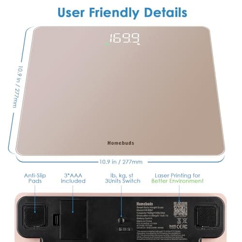 Homebuds Smart Bathroom Scales, High Precision 0.1lb by Our Professional Factory Since 2001, Scales for Body Weight Step-On and Bright LED, App Sync with Weights and BMI, 28st/400lb/182kg, Rose Gold — view 6