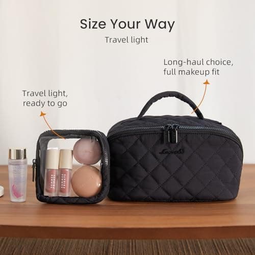 LOVEVOOK Travel Makeup Bag, Flat Lay Make Up Pouch Womens, Large 2Pcs Set Cosmetic Organiser with Compartments, Waterproof Puffer Toiletry Bag with Handle & Divider, Black — view 6