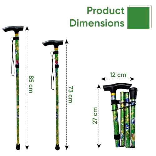 PLASTIFIC Walking Stick, Easy Adjustable Height Folding Extendable Walking Cane, Lightweight Flexible and Durable Walking Aid Mobility Aid Collapsible Walking Stick (Green Flower) — view 3