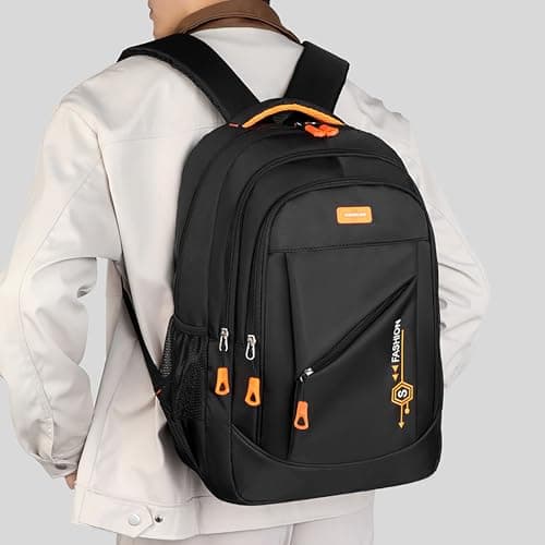 BRTHFORU Lightweight Waterproof Backpack for Women Men, 48cm Laptop Backpack with Orange Zipper, Fashion Casual Daypack for University Work Travel, Water-Resistant Scratchproof Day Bag (Black/Orange) — view 2