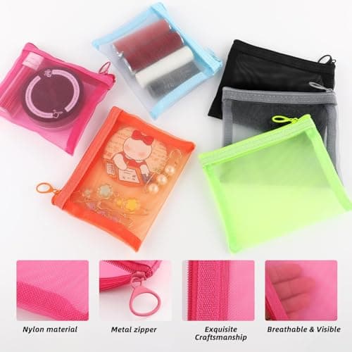 6 Pack Mini Zipper Mesh Bags 13x10cm Nylon Clear Toiletry Bag Makeup Cosmetic Mini Pouches Travel Coin Pouch Small Cosmetic Organizer Portable Travel Pouch for Lipstick Earphone Jewelry 6 Colors — view 3