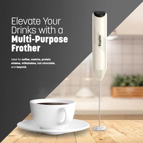 Keplin Handheld Milk Frother - Stainless Steel Electric Whisk - Portable Battery Operated Coffee Stirrer for Lattes, Matcha, Protein Shakes - Ergonomic, Compact, Easy to Clean & Use (Cream) — view 2