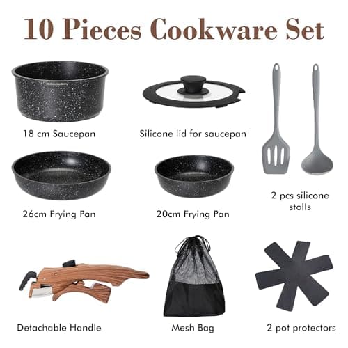 Kitchen Academy Non Stick Cookware Set, 10 PCS with Detachable Handle Black — view 5