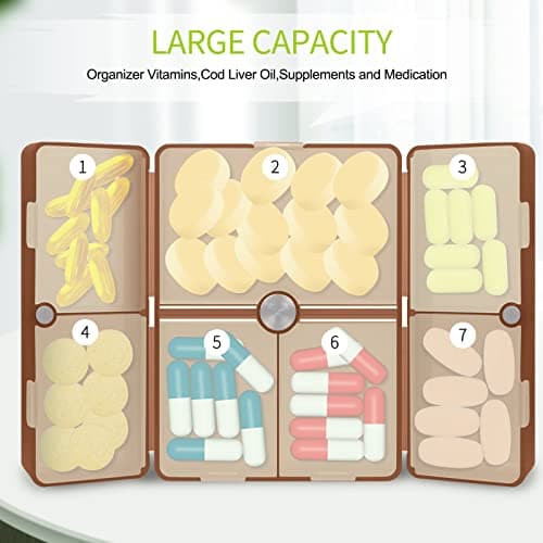 FYY 7 Day Pill Organiser, Travel Tablet Box, [Foldable Design] Weekly Medication Case, Portable Daily Supplements Storage Organizer for Vitamins, Cod Liver Oil, Small-Brown — view 2