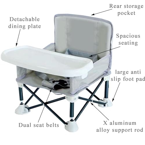 JIAMAIN High Chair, Baby High Chairs, Foldable Toddler Dining Chair with Adjustable Strap and Removable Tray, Portable Baby Feeding Seat (Grey) — view 6