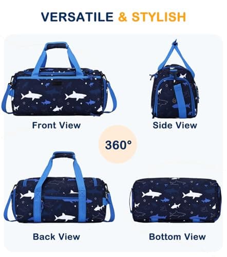 Overnight Bag for Kids, VASCHY Large Capacity Travel Duffle Bag for Boys Lightweight Holdall Gym Bag Weekender Bag with Shoes and Seperated Dry Wet Compartment for School, Dance, Sport（Blue Sharks） — view 6
