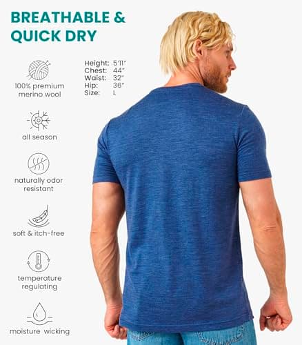 100% Merino Wool T Shirt Mens - Merino Wool Base Layer Men + Hiking Socks (X-Large, Chicago Blues) — view 2