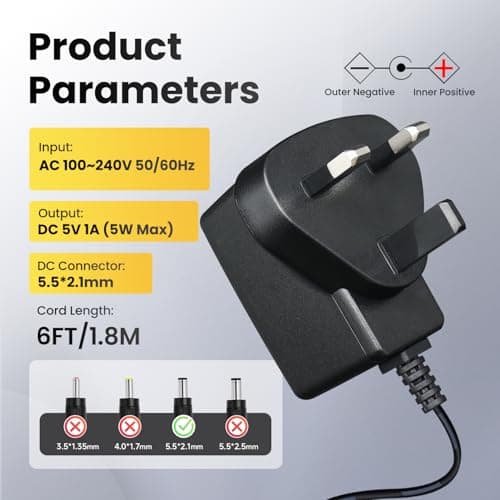 UKCA Certified 5V 1A 1000mA 5W Power Supply Adapter with 8 Tips (1.8M Cord), 5V 0.5A 0.8A Transformer, AC DC Switching Adapter for Radio, LED Light, Turntable, Baby Monitor, Router, and More — view 2