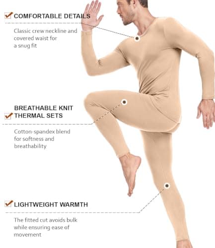 wirarpa Men's Thermal Underwear Set Cotton Long Johns Base Layer Beige L — view 3