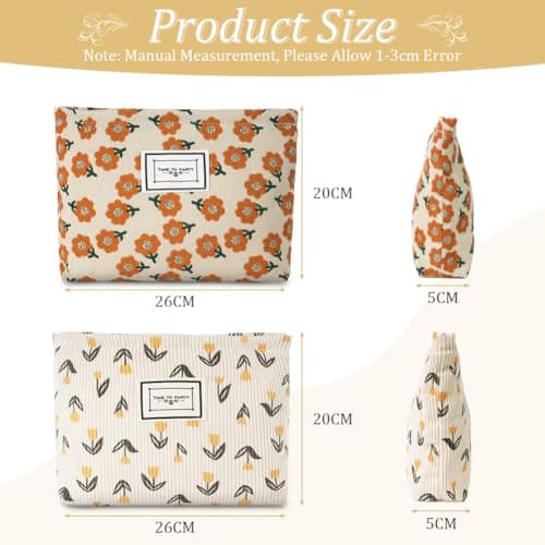 Aucuu Cosmetic Bags, 2 Pcs Small Floral Canvas Cosmetic Bag, Rose Flower Printing Corduroy Toiletry Bag, Multifunctional Travel Makeup Bag with Metal Zipper for Women Girls Gift — view 2
