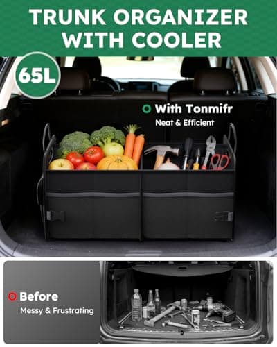 Tonmifr 2-Compartment Car Boot Organiser & Storage Box, Heavy-Duty 600D Oxford Collapsible Tidy with Reflective Strips and 8 Side Mesh Pockets for SUV, Hatchback, Estate - (65L) — view 2