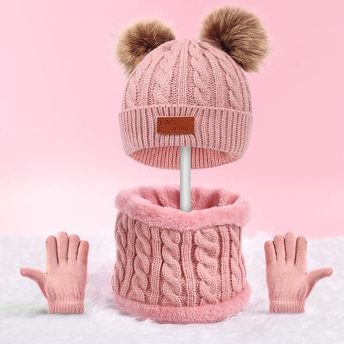 Flintronic 3PCS Kids Beanie Hat Scarf Gloves Set, 3 In 1 Knit Warm Toddler Winter Cap Gloves Neck Warmer, Thick Warm Accessories Sets for Boys Girls of 1-5 Years, Pink — view 5