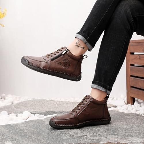 Mens Lace up Orthopedic Leather Boots Wide Fit Walking Shoes with Zipper Slip on Arch Support Flat Trainers Men Lightweight High Top Non-Slip Outdoor Hiking Trekking Sneaker (Bronze, 7.5) — view 3