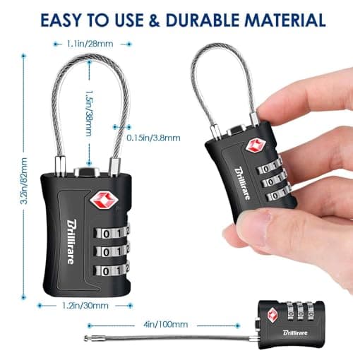 BRILLIRARE 2 Pack TSA Approved Luggage Locks, Combination Travel Cable Padlock, 3-Digit Waterproof Lock, TSA Accepted Outdoor Keyless Resettable Lock for Lockers, Bags, Gym, Gate-Black — view 3