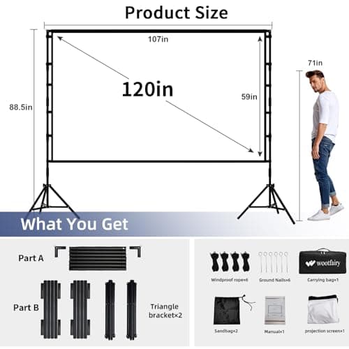 Wootfairy 120 inch Projector Screen and Stand with Carry Bag 4K HD Screen — view 2