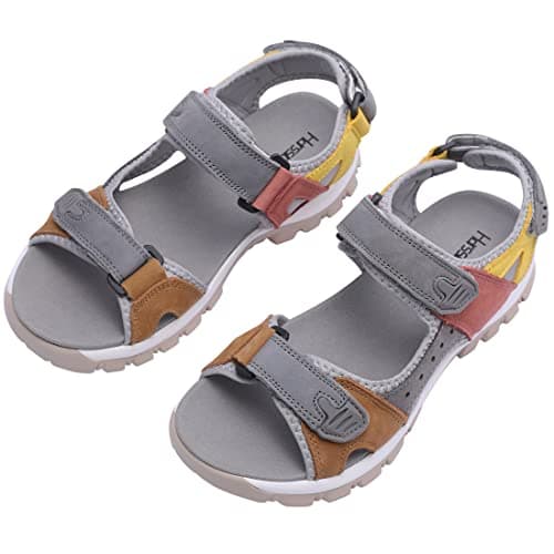 Harssidanzar Women's Sports Hiking Sandals Adjustable Strap Leather Sandals For Women Outdoor Sports Sandals Walking SL256UK,Tan Grey,Size 4 UK — view 5