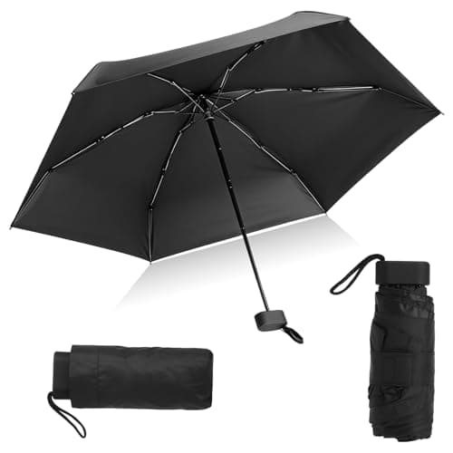 ZRUEWOT Manual Mini folding umbrella, pocket umbrella Black 6 Ribs, with Storage Bag UV Protection Portable Mini Travel Sturdy Pocket Umbrella Unisex Black