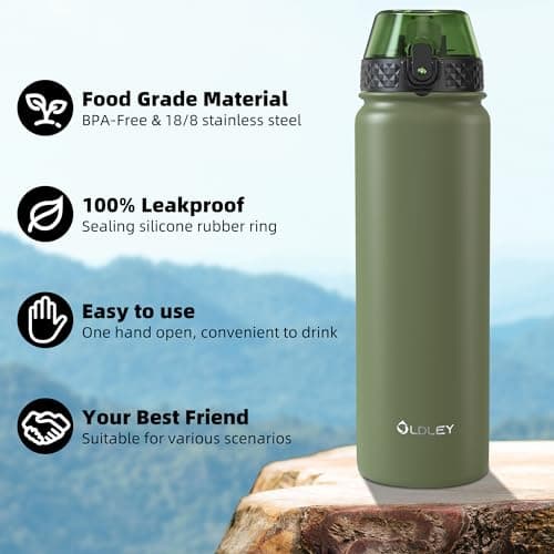 OLDLEY Stainless Steel Water Bottle with Straw 1L Vaccum Insulated Large Drink Flask Metal Water Bottles 1 Litre Leakproof Keep Drinks Hot Cold for Camping Sports Gym Adult Women Men(Olive, 1 Lid) — view 5