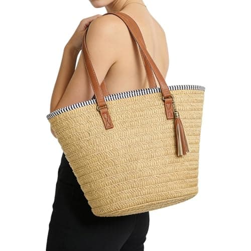Pahajim Large Tote Bag with Zip Beach Bags for Women Straw Handbag Hand Woven Shoulder Bag for Travel, Holidays and Shopping — view 2