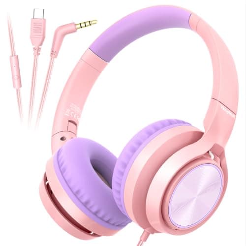 VkingMoR Kids Headphones for School Travel, Upgrade USB Type C Safe Volume 94dB, with Mic HD Stereo Sound Foldable On-Ear Headphones for Boys/Girls/Students/Tablet/Travel(Pink)